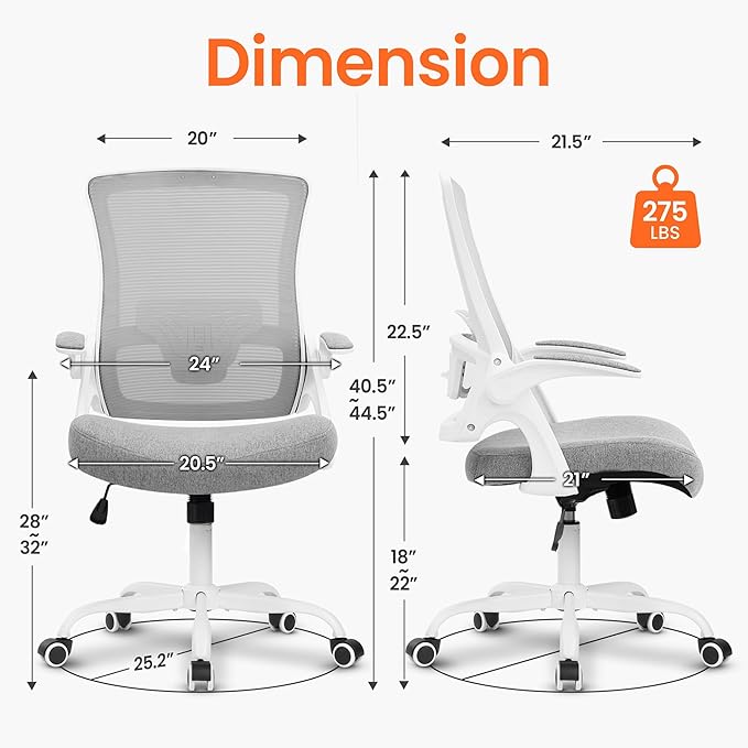 NEO Chair Office Chair High Back Desk Mesh Chair Comfy Computer Gaming Seat with Adjustable Ergonomic Lumbar Rolling Flip-up Armrests and Wheels (Grey)