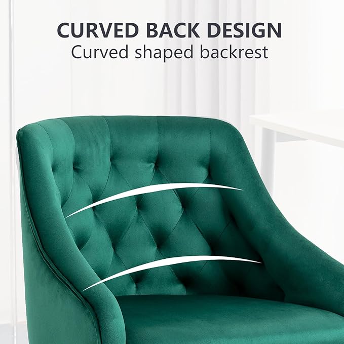 MOJAY Velvet Office Swivel Chair, Vanity Fabric Desk Pretty Fancy Gold Office Chairs for Girls, 360°Swivel Height Adjustable Reception Chair (Green)
