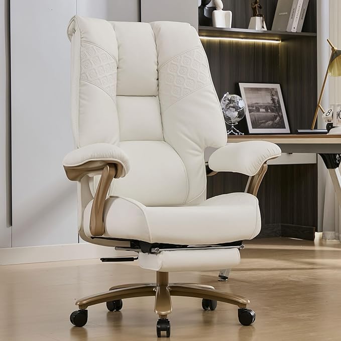 Big and Tall Executive Office Chair with Footrest, 400LBS Capacity Ergonomic High-Back Desk Office Chair with Lumbar Support, Padded Armrests & Thick Cushion, White PU Leather Chairs