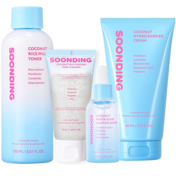 K-Beauty Glass Skin 4-Step Set - Jelly Pudding Pore Cleanser 50ml, Rice Milk Toner, Calming Serum, Barrier Cream