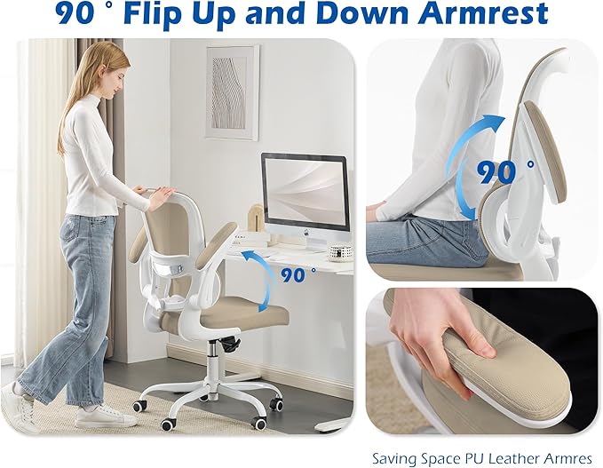 TRALT Ergonomic Office Chair - Desk Chair with Adjustable Lumbar Support Computer Chair - Mesh Comfy Chair with Flip-up Armrests - Gaming Chairs for Adults Home Office (PU Leather, Khaki)