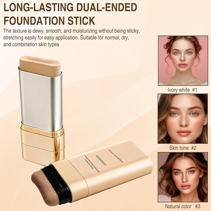 2PCS Dual-Ended Concealer Foundation Stick, Korean 3-in-1 Foundation Stick, Multi-functional Double Head Foundations Make up Sticks, Sweat-Proof for Flawless Finish All Skin Types (#03 Pinkish Beige)