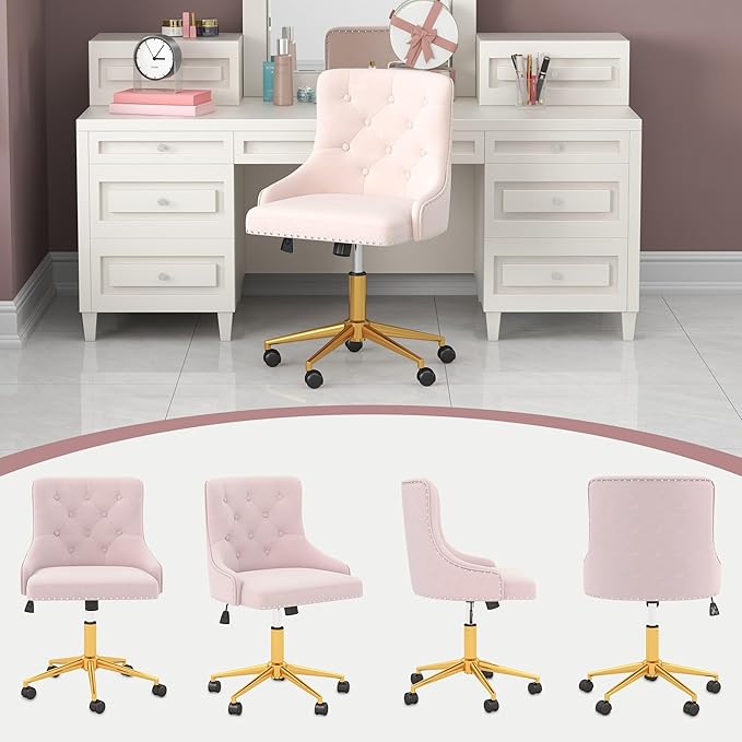 Westice Velvet Desk Chairs, Upholstered Swivel Comfy Makeup Vanity Chair with Tufted Back, Gold Metal Base & Wheels, Height Adjustable Chair for Girls, Bedroom Living Room, Light Pink