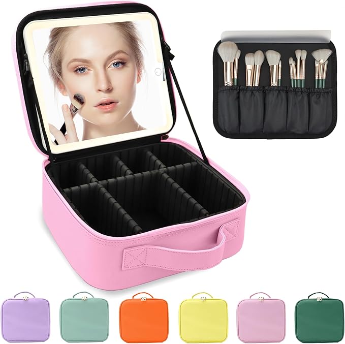 Makeup Bag with Led Mirror,Large Vanity Makeup Cases with 3 Color Setting,Portable Storage and Adjustable Dividers,for Women and Makeup Artists Cosmetic Organizer Travel Makeup Bag-Dark Pink