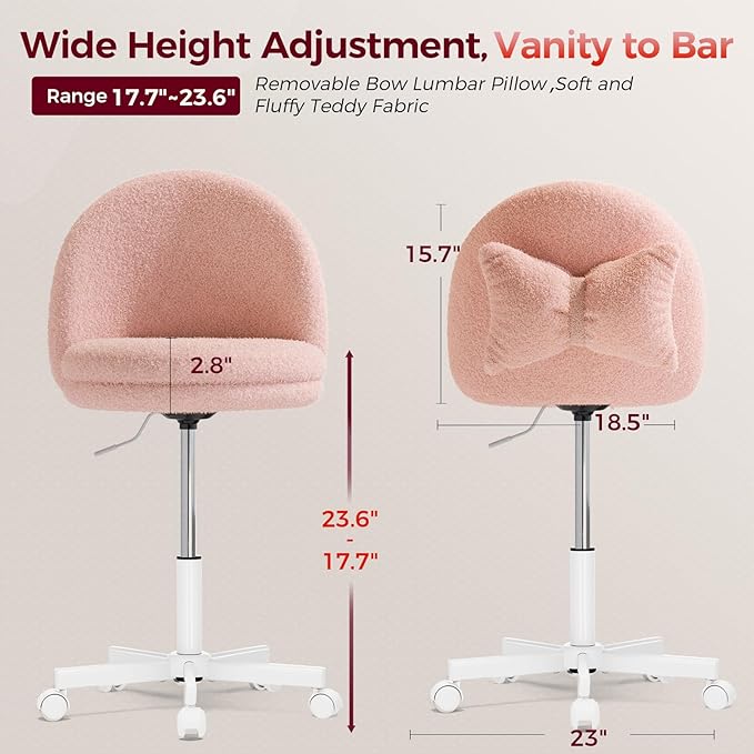 GTPLAYER Velvet Tall Office Chair with Wheels Vanity Chairs with Back, Versatile Height Use: Office to Bar Stools Small Ergonomic Comfy Armlees Computer Desk Chair with Bow Lumbar Pillow for Gift