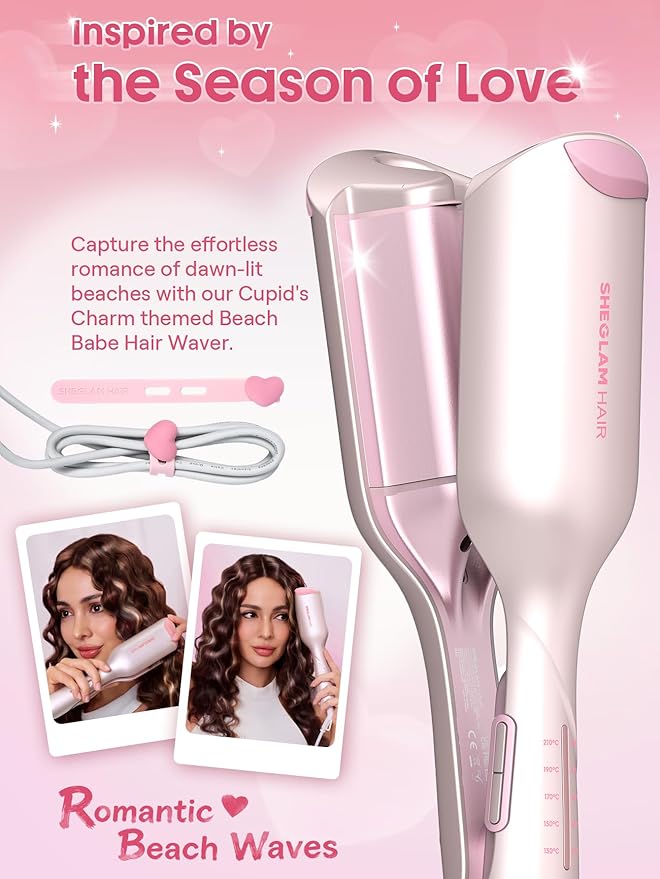 SHEGLAM Pink 1 Inch Hair Waver for Women - Double Barrel Crimper Tool for Mermaid Beach Waves, Lightweight with Smart Timer & Adjustable Temps, Dual Voltage Anti-Scald Easy to Use for Short Hair