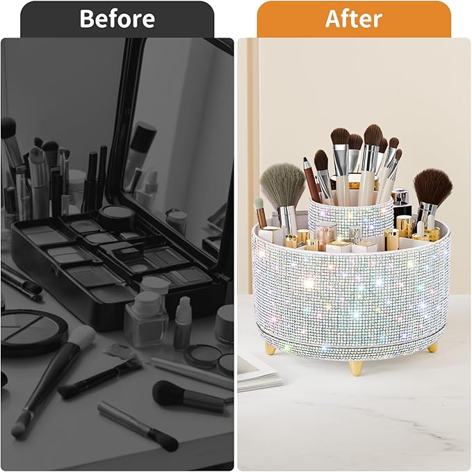 Bling Diamond Makeup Brush Holder, 360° Rotating Makeup Organizer, 5 Slot Make up Brushes Cup for Countertop, Storage for Cosmetics Pen Eyeliner Skincare on the Vanity ((Diamond white AB)