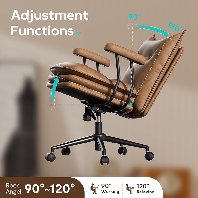 Brown Office Chair with Triple-Layers Thicken Wide Seat, Mid Back Leather Desk Chair with Wheels and Arms, Mid-Century Modern Computer Chair for Home Office