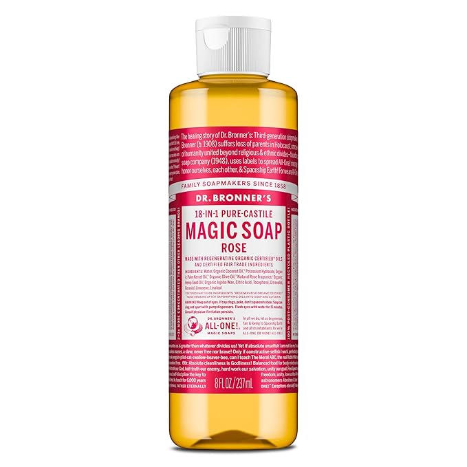 Dr. Bronner's Magic Soap Pure-Castile Liquid Soap (Rose, 32 Ounce) - Made with Regenerative Organic Certified Oils, 18-in-1 Uses: Face, Body, Hair, Laundry, Pets & Dishes, Concentrated, Vegan, Non-GMO