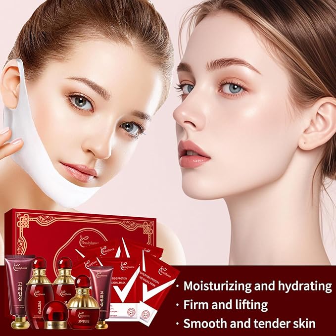 Red Ginseng Skincare Set for Women, - Anti-Aging Facial Care Kit with Toner, Emulsion, Essence, Cream, Eye Cream, Cleanser & Facial Neck Masks – Hydrating Daily Skin Gift Set