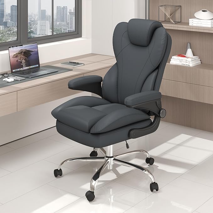Office Desk Chair, Executive Leather Office Chair, High Back Ergonomic Home Desk Chair with Padded Flip-up Arms, Big and Tall Computer Chair with Rocking Function, 360°Swivel Free, Gray