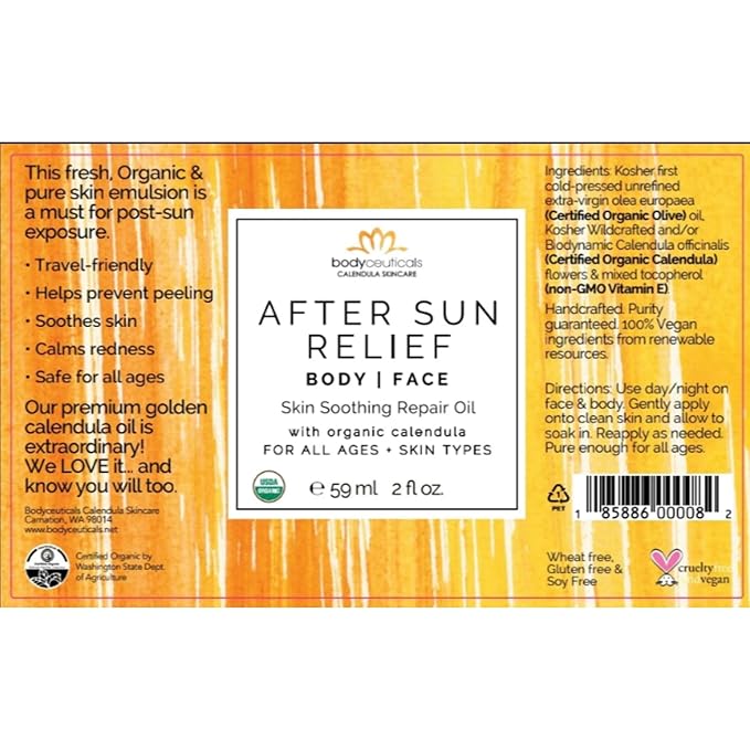 Organic Calendula After Sun Oil – Moisturizing Face and Body with Olive Oil and Vitamin E, Lightweight Formula for Normal to Oily Skin, 2 oz