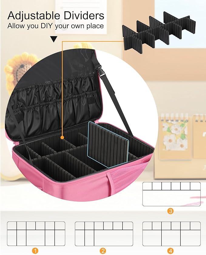 Relavel Makeup Backpack, Professional Travel Train Case Makeup Artist Kit Set Bag for Women Extra Large Cosmetic Organizer, Brush Storage Holder, with Adjustable High Dividers, Rose Pink