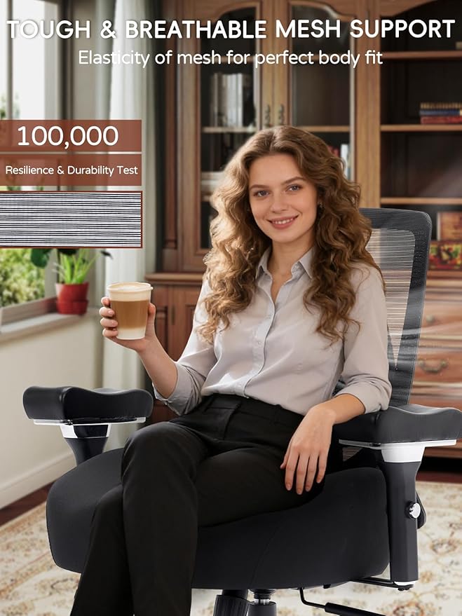 Big and Tall Office Chair 700lbs, Ergonomic Desk Chair with W Wide Thick Cushion, Executive Mesh Office Chair with Adjustable Lumbar Support & 4D Armrest, Computer Task Chairs for Heavy People, Black