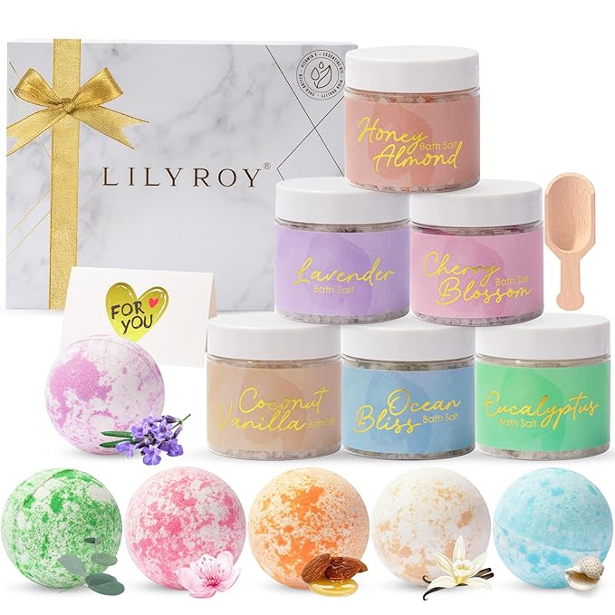 Luxury Mothers Day Gifts for Women15-Piece Floral 6 x 150g Bath Salt & 6 x 100g Bath Bomb Gift Set for Christmas Gifts, Bath & Body Gift Set for Women, Self Care Kit Elegant Box | Birthday Gift
