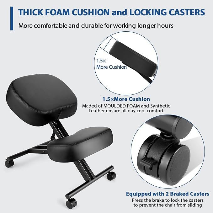 Kneeling Chair Ergonomic for Office, Height Adjustable Stool for Home and Office - Improve Your Posture with an Angled Seat - Thick Moulded Foam Cushions - Brake and Smooth Gliding Casters