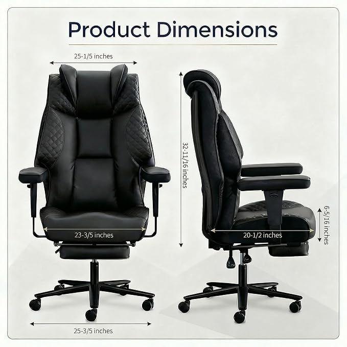 Big and Tall Office Chair 500lbs - 23.6" Extra Wide Seat Ergonomic Executive Chair, Heavy Duty Metal Base High Back Leather Office Chair with Footrest, Lumbar Support & Adjustable Arm, Black