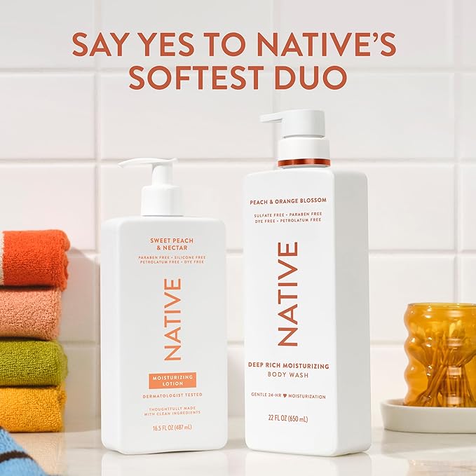 Native Moisturizing Body Wash, Peach & Orange Blossom, 24-Hour Hydration for Dry & Sensitive Skin, Made with Real Shea Butter, Sulfate & Paraben Free, 22 oz
