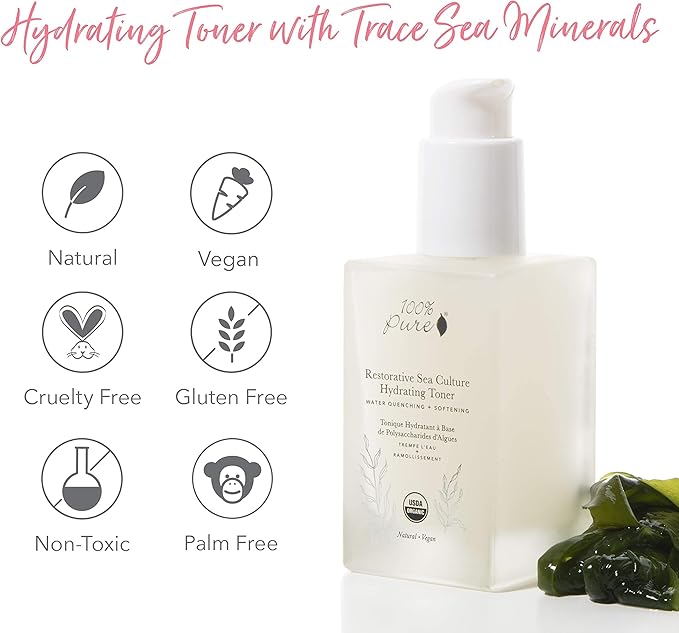 100% PURE Restorative Sea Essence Hydrating Toner, Organic Witch Hazel, Sea Kelp & Hyaluronic Acid Anti-Aging Alcohol-Free Facial Toner (4 Fl Oz)