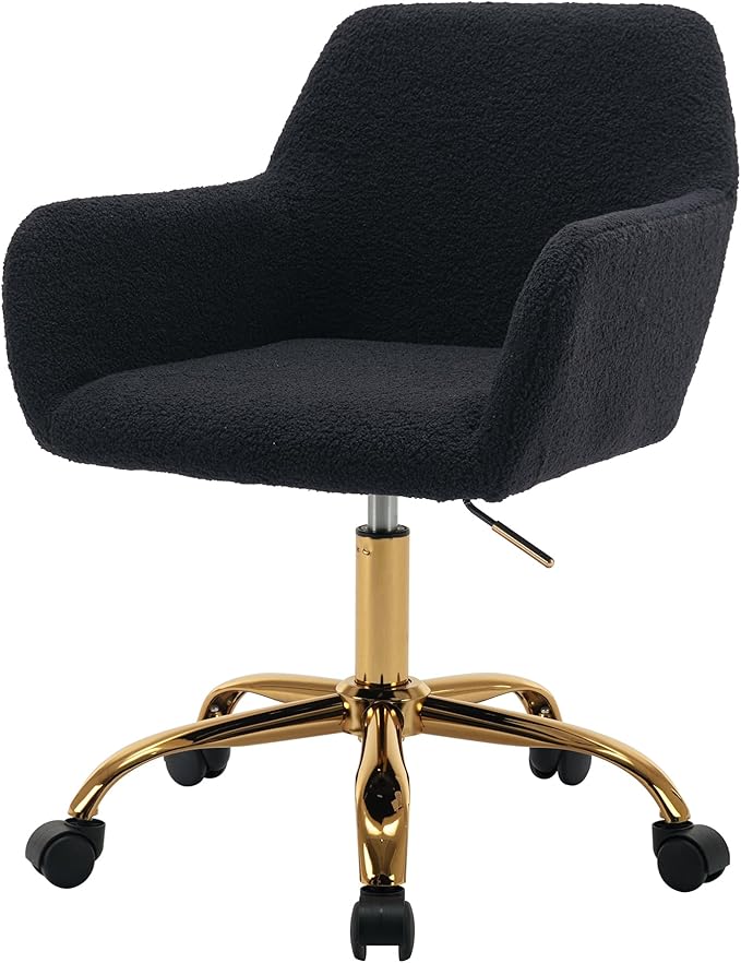 Faux Fur 360°Swivel Desk Chair, Modern Height Adjustable Home Office Armchair with Golden Base for Teens Women Girls, Upholstery Computer Chair for Home Studios, Sherpa & Black