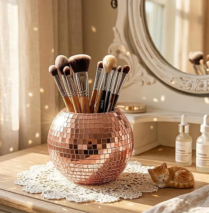 2 Pack Glass Disco Ball Makeup Brush with Smooth Grouting - Premium Mirror Mosaic Pencil Cup for Desk, Cute Pen Holder, Aesthetic Room Decor Gift (rose gold)