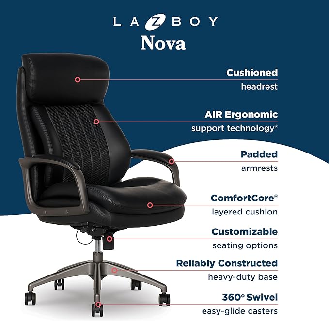 La-Z-Boy Nova Executive Office Chair - Ergonomic High Back Desk Chair with AIR Lumbar Support - Comfortable ComputerChair for Home Office - Vegan Leather - Black