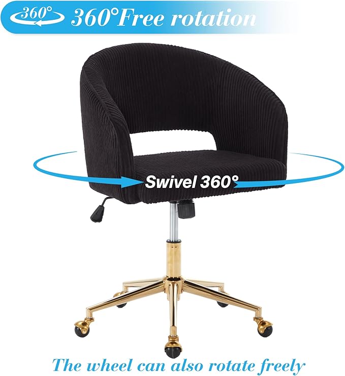 Home Office Chair Swivel Corduroy Fabric Desk Chair Accent Armchair Upholstered Modern Tufted Chairs with Gold Base for Girls Women Ergonomic Study Seat Computer Task Stools for Living Room(Black)