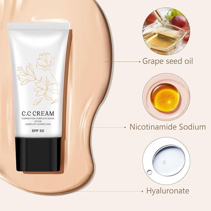 Korean Cc Cream Self Adjusting for Mature Skin, Cc Cream Tinted Moisturizer with Spf 50 Full Coverage, Organic Cc Cream Sunscreen Foundation and Concealer for Face and Body Color Correcting (2PCS)