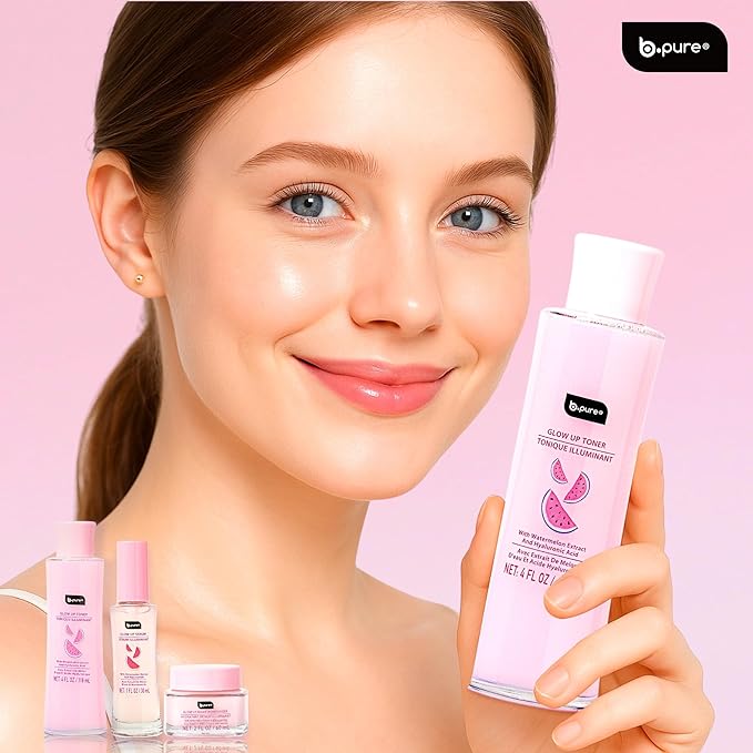 b.pure Glow Up Renewing Skin Care Gift Set - 1 Toner, 2 Renewing Serums, 1 Moisturizer - Hyaluronic Acid, Niacinamide, and Watermelon Extract Kit