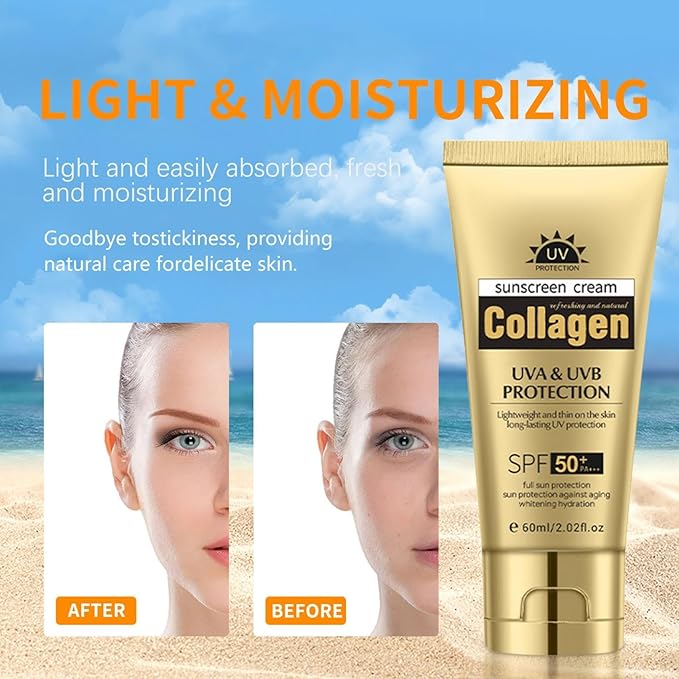 Collagen Sunscreen SPF 50+, Broad Spectrum UVA/UVB Protection, Non-Greasy & Fast Absorbing, Daily Sun Care for Face and Body (2 pc)
