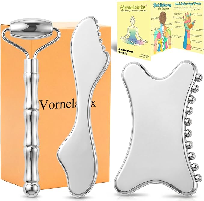 3-in-1 Stainless Steel Face Roller & Gua Sha Set – Cooling Facial Massager Tools for Sculpting, De-Puffing & Jawline Definition