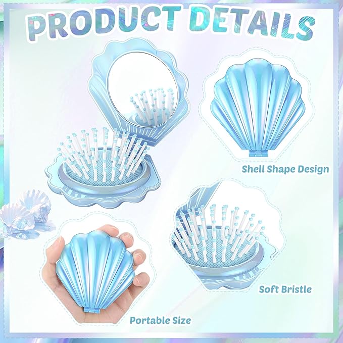 Meanplan 12 Pcs Mermaid Party Favors Shell Hair Brush with Mirror Foldable Mini Travel Pocket Hair Brush Compact Makeup Comb for Women Girls Valentines Day Birthday Gifts(Blue)