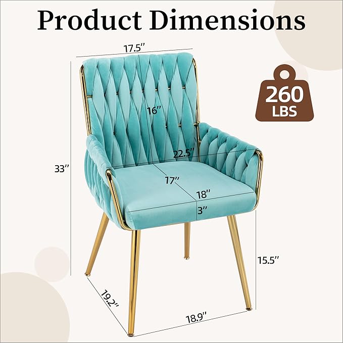 Westice Home Office Desk Chair, Upholstered Hand Weaving Desk Chairs with Golden Metal Legs & Armrest, Modern Accent Chairs for, Living Room, Vanity Makeup Room, Blue