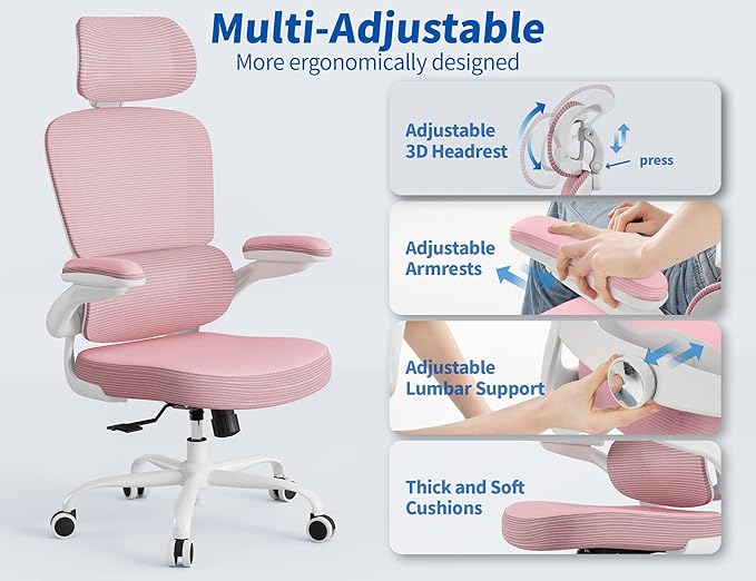 TRALT Ergonomic Office Chair - Desk Chair with Adjustable Headrest Lumbar Support Computer Chair - Mesh Comfy Chair with Flip-up Armrests - Gaming Chairs for Adults Home Office (Leather, Pink)