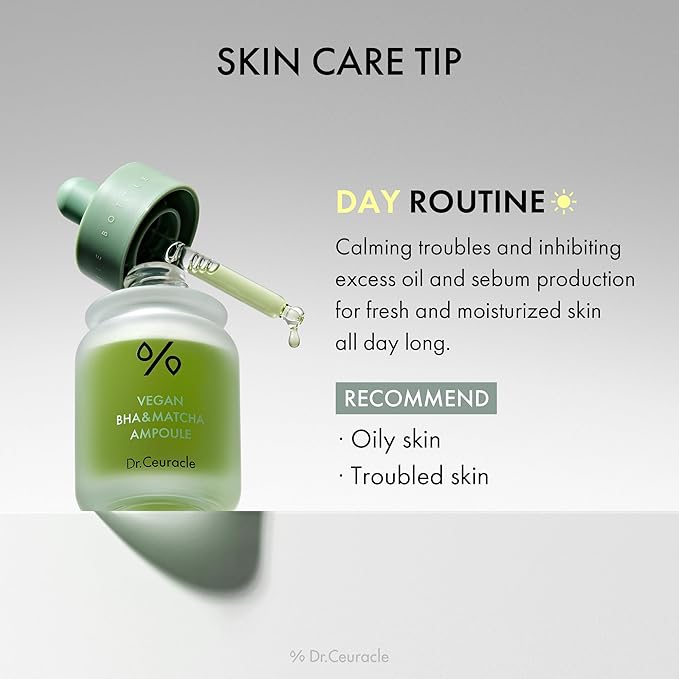 Dr.Ceuracle Vegan BHA & Matcha Ampoule - Gentle Exfoliating Facial Serum, Salicylic Acid for Pores and Sebum Treatment, Korean Skincare for Stocking Stuffers (30ml / 1.01 fl. oz.)