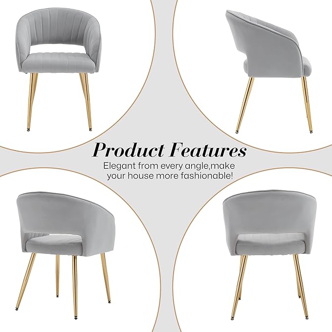 Modern Velvet Vanity Chair, Home Office Desk Chair with Hollow Back, Upholstered Dining Chair with Gold Metal Legs, Comfy Accent Armchair for Living Room Bedroom, Gray