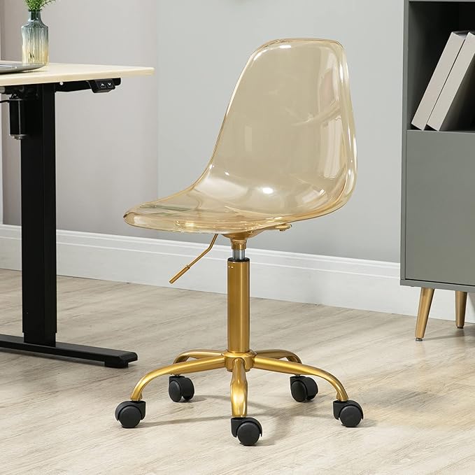 HOMEFUN Clear Rolling Chair, Armless Acrylic Desk Chair with Golden Feet Swivel Molded Plastic Shell Adjustable Home Office with Wheels