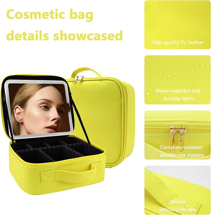 Makeup Bag with Led Mirror,Large Vanity Makeup Cases with 3 Color Setting,Portable Storage and Adjustable Dividers,for Women and Makeup Artists Cosmetic Organizer Travel Makeup Bag-Yellow
