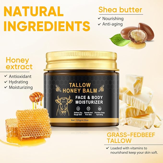 Beef Tallow Balm Skincare for Women,Moisturizer Tallow and Honey Cream for Face & Body,Deeply Hydrating Beef Tallow Skin care for All the Skin Type,Black(120g/4.23 Oz)