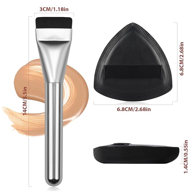 Flat Foundation Brush with Puff, Beautyfactor Ultral Thin Spatula Makeup Brush with Sponge for Liquid Makeup | Fast Flawless Korean Kabuki Brushes for Blending, Liquid, Cream, Blush, Buffing （Silver）