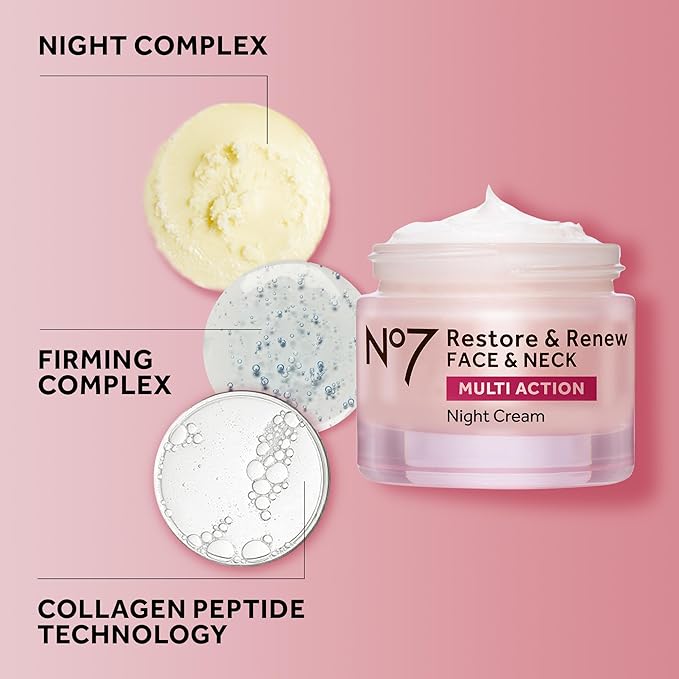 No7 Restore & Renew Multi Action Face & Neck Night Cream - Collagen Peptide Anti Aging Face Cream - Hydrating Hyaluronic Acid + Skin Firming Fragrance Free (50ml)