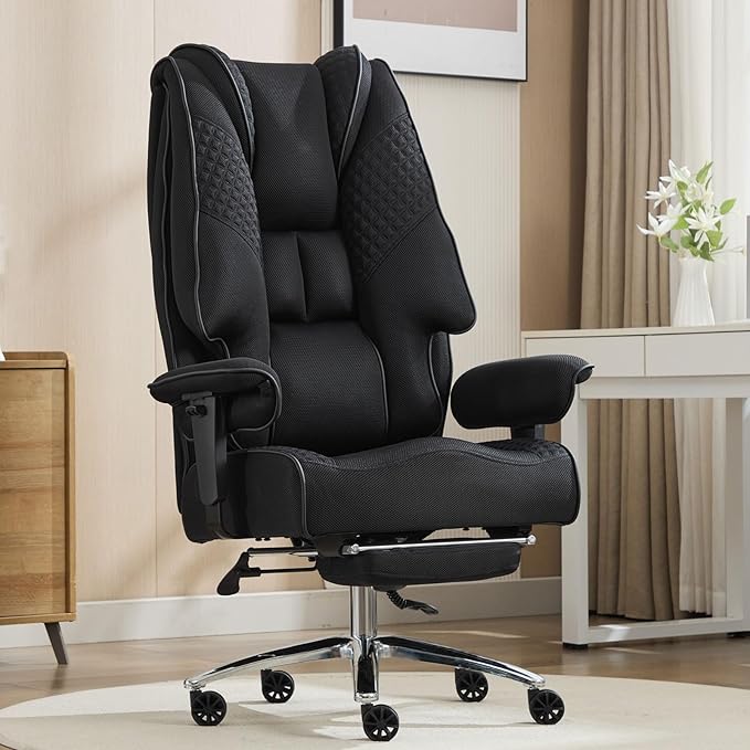 Big and Tall Office Chair 400lbs Wide Seat, Leather High Back Executive Office Chair with Lumbar Support, Ergonomic Chairs Padded Armrests & Thick Cushion (Mesh Dark Black)