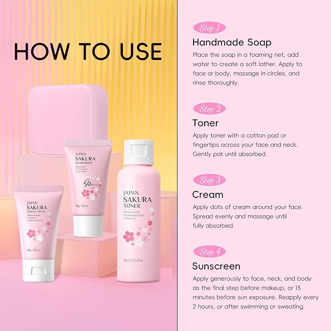 Cherry Blossom Skin Care Set, 4-Piece Skincare Gift Set for Women & Teens Girls Includes Handmade Face Soap , Toner, Essence Cream, SPF 50 Sunscreen with Rice Extract & Vitamin C All Skin Types
