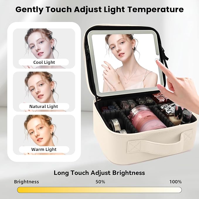 Travel Makeup Bag with LED Mirror and Light Makeup Travel Bag Organizer Portable Cosmetic Brush Organizer Bag with Adjustable Dividers for Cosmetics Makeup Brushes Toiletry (White)