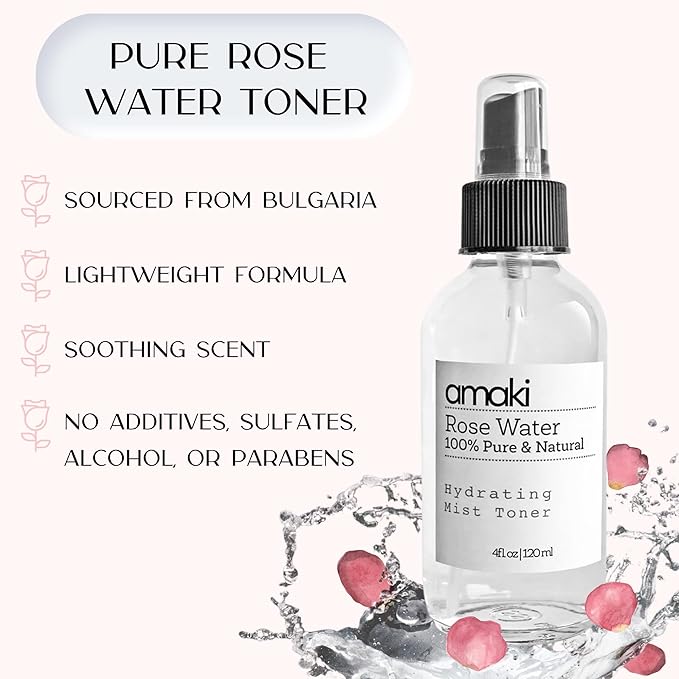 Amaki Pure Rose Water Mist Toner - Alcohol Free - The Best Moisturizer for Mature, Acne Prone Skin Reduce Blackheads, Pimples and Adult Acne While Restoring Hydration Even to Overly Dry Skin