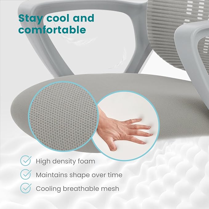 DUMOS Home Office Desk Chair - Ergonomic Mid Back with Lumbar Support & Fixed Armrest, Height Adjustable with Rocking Mode, Storage Back for Computer, Gaming, Conference, 360° Swivel, Grey