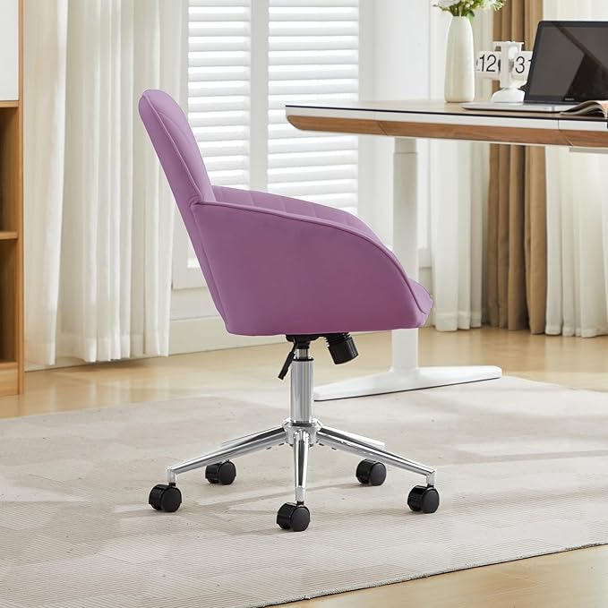 YITAI Velvet Office Desk Armchairs with Silver Base and Wheels,Modern Height Adjustable 360 Degree Swivel Upholstered Vanity Chairs for Living/Room Bedroom/Study,Light Purple