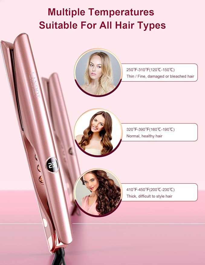LANDOT Flat Iron Hair Straightener and Curler 2 in 1 – Straighten Curl Wave, Ceramic, Dual Voltage, Fast Heat Up, 12 Adjustable Temps(250-450℉) for All Hair Types