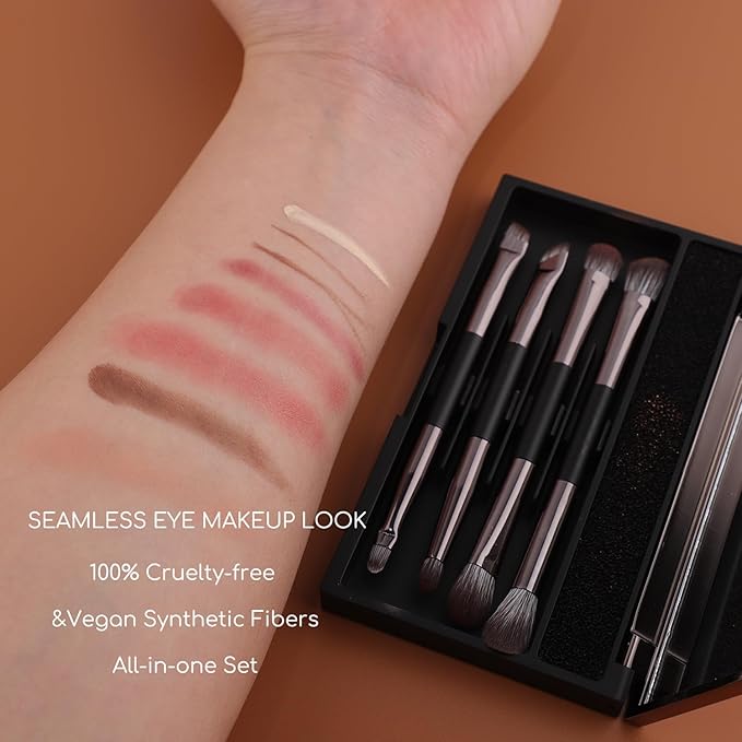 ENERGY Travel Eye Makeup Brush Set Eyeshadow Eyeliner Undereye Concealer Eyebrow Smudge Make Up Applicators for Liquid Cream Powder Blending Double ended Makeup Brushes with Case 4PCS