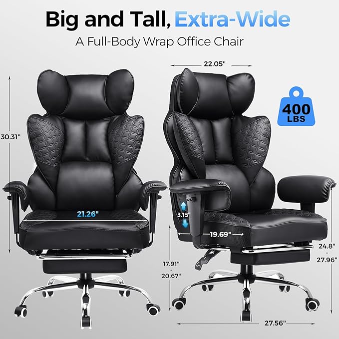 COMHOMA Big and Tall Office Chair Heavy Duty Gaming Chair with Deluxe Embossing Leather High Back Wider Ergonomic Computer Chair with Foot Rest 150°Reclining Pocket Spring Lumbar Support